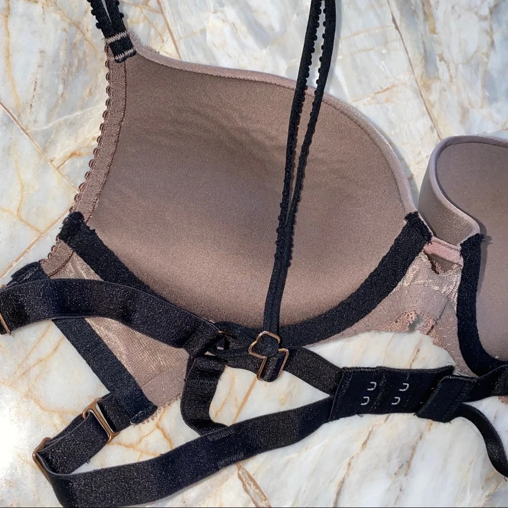 32B Bra Rare Very Sexy Bra strappy chain caged brown lace - Picture 7 of 8